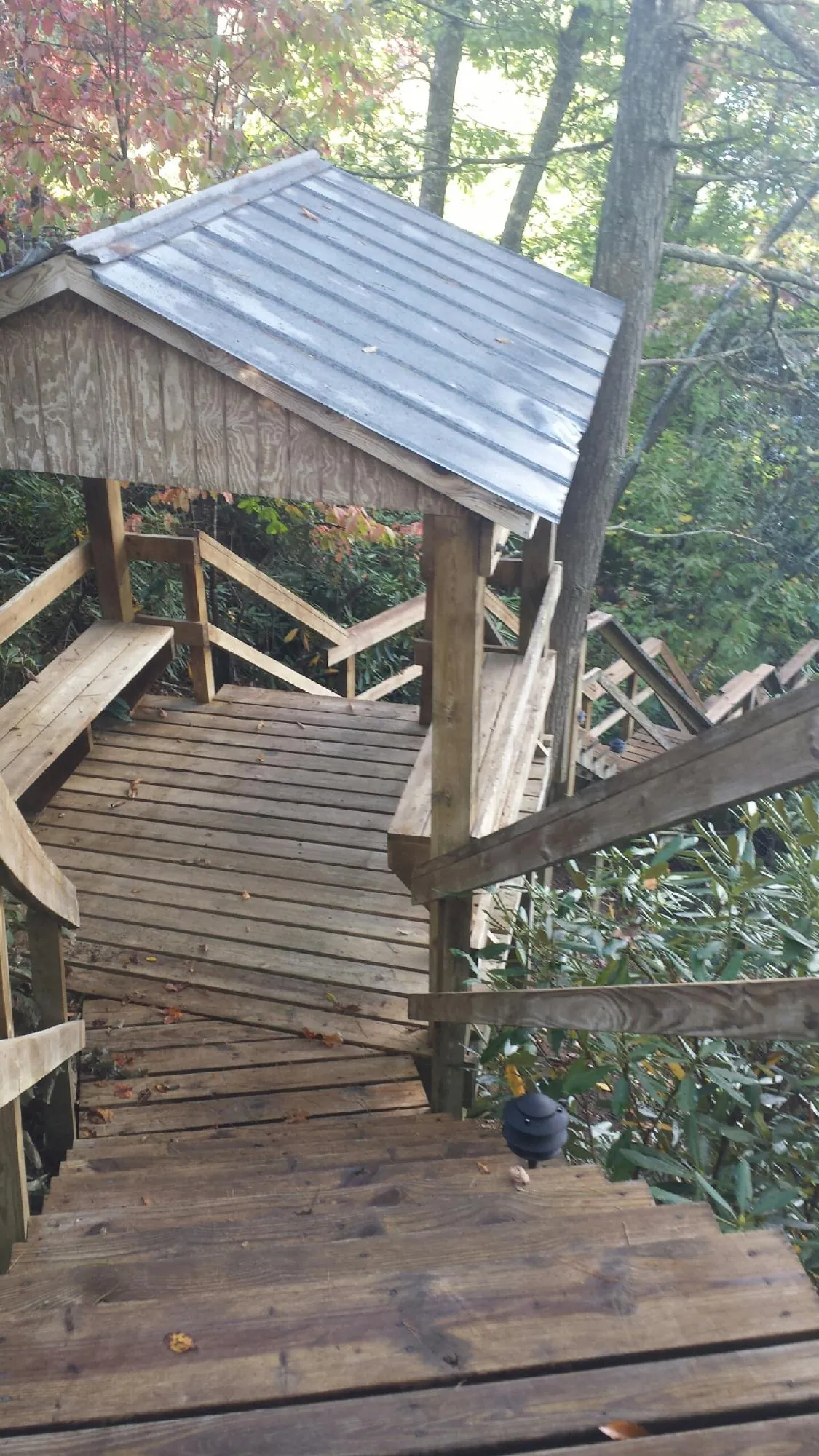 Metal roofed shelter over wooden steps on a wooded walkway — Skylight Repair & Installation work by our crew in Burbank